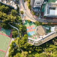 Top view of college and basketball court